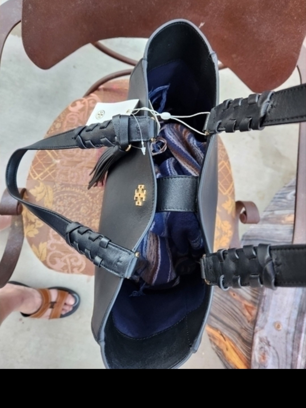 Tory Burch Black Leather and Suede Tote with Tassel - Picture 3 of 5